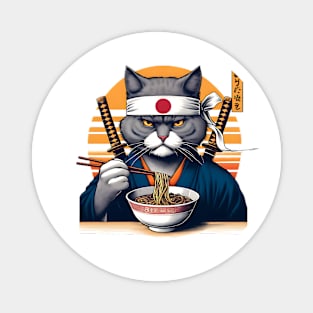 Samurai Cat Eating Ramen Magnet